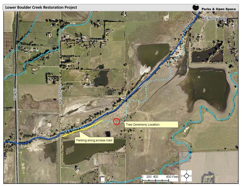 This map shows the location of the tree planting ceremony being held on April 22, 2016 for the Lower Boulder Creek Aquatic Ecosystem Restoration Project. 
