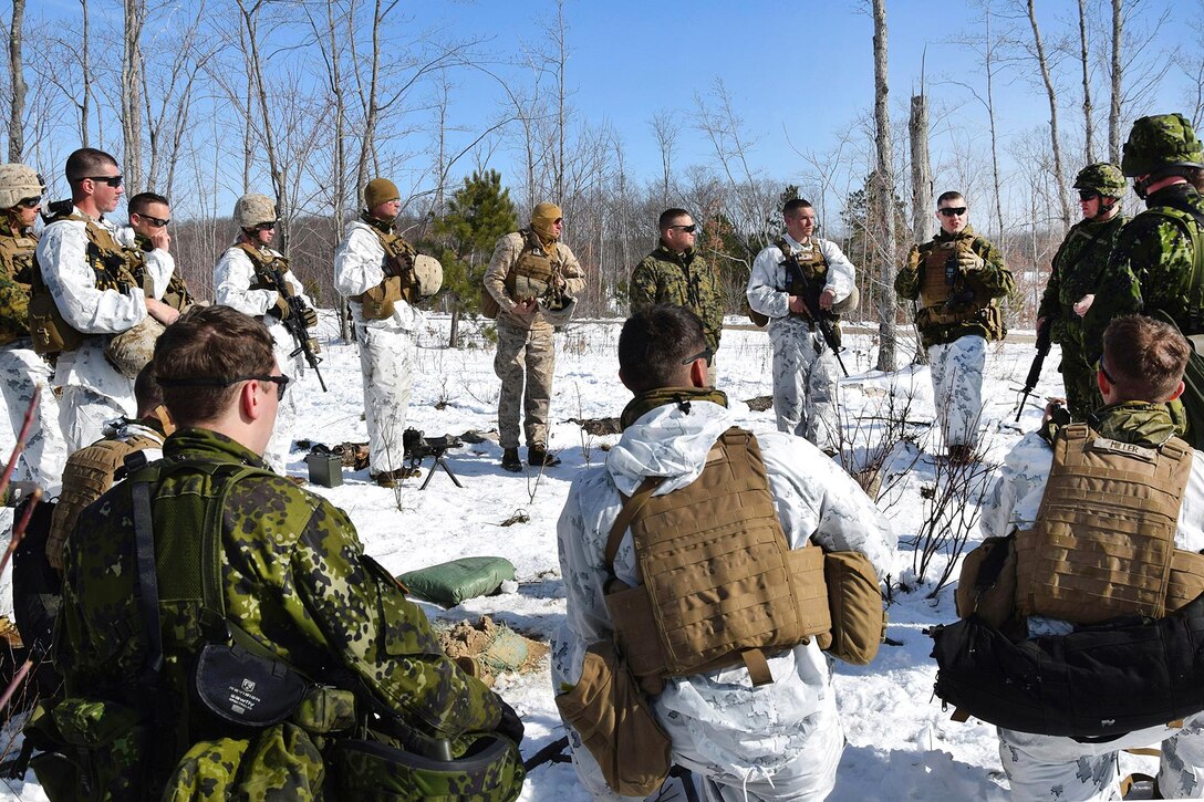 U.S. Marines and Danish soldiers receive a safety briefing before participating in weapons training during Exercise Arctic Eagle 2016 at Camp Grayling, Mich., April 5, 2016. The Marines are assigned to India Company, 3rd Battalion, 25th Marines, from Johnson City, Tenn., and the Danish soldiers are assigned to the 1st Danish Home Guard. Air Force photo by Master Sgt. David Kujawa 