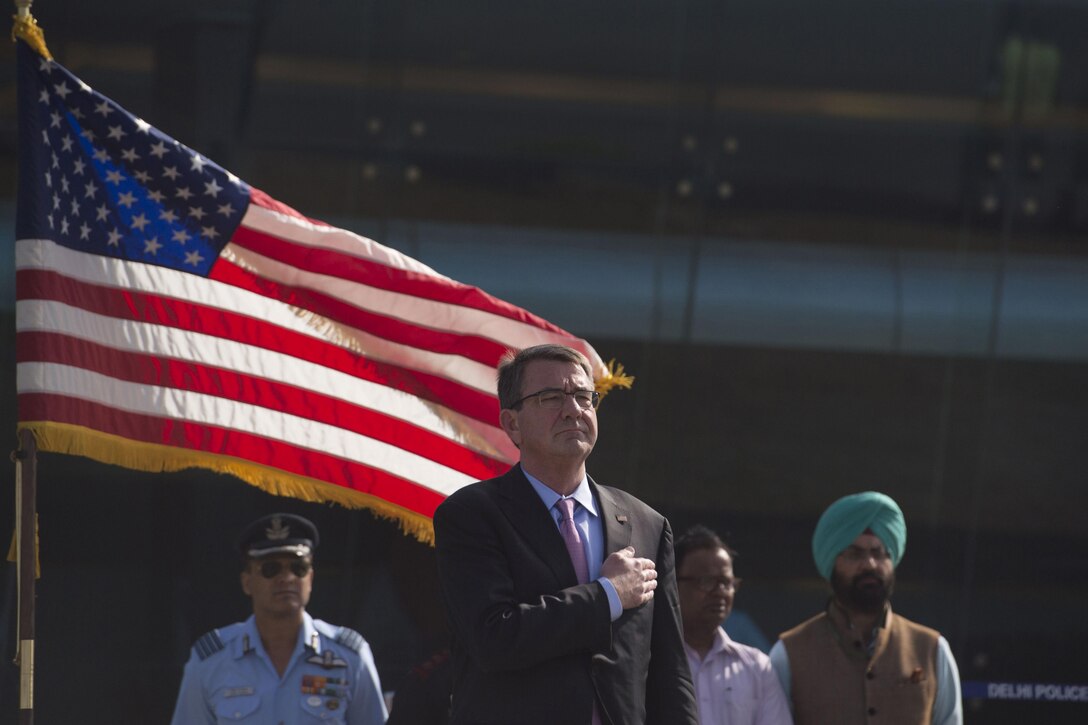 Defense Secretary Ash Carter participates in a repatriation ceremony in New Delhi, April 13, 2016.  Photo by Senior Master Sgt. Adrian Cadiz 