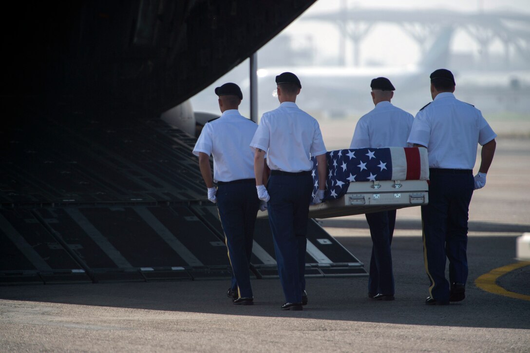 U.S. service members assigned to the Defense POW/MIA Accounting Agency conduct a repatriation ceremony in New Delhi, April 13, 2016, to mark the return of possible remains of U.S. service members lost in World War II. DoD photo by Air Force Senior Master Sgt. Adrian Cadiz