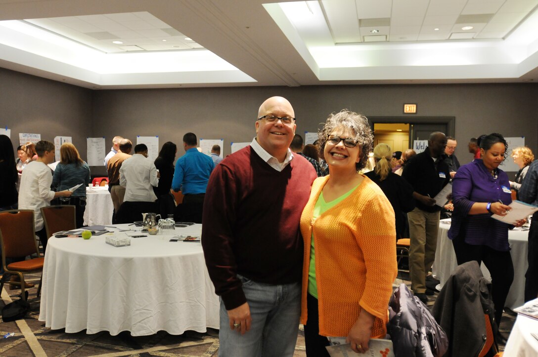 Army Reserve Capt. Charles Bechtold, a chaplain assigned to the 88th RSC, stands with his wife Barbara, DoD Master Trainer, during a Strong Bonds event group exercise conducted at the Hilton Oak Brook Hills Resort in Oak Brook, Ill, April 8-10.
Together they led the couples through a nationally recognized curriculum called Prevention Relationship Enhancement Program, or PREP. The curriculum includes video and workbook-supported discussions and exercises centered on various aspects of communication, personalities and problem solving.
“Every single marriage can benefit from this training,” said Barbara. “Every marriage can benefit from better communication, from exacting expectations, and learning how to speak and how to really listen.”