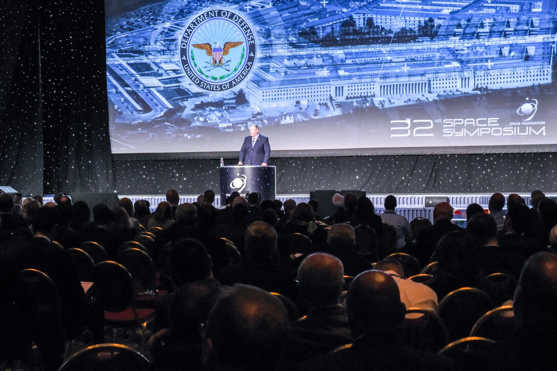 Deputy Defense Secretary Bob Work delivers remarks at the 32nd Space Symposium in Colorado Springs, Colo., April 12, 2016. DoD photo by Army Sgt. 1st Class Clydell Kinchen