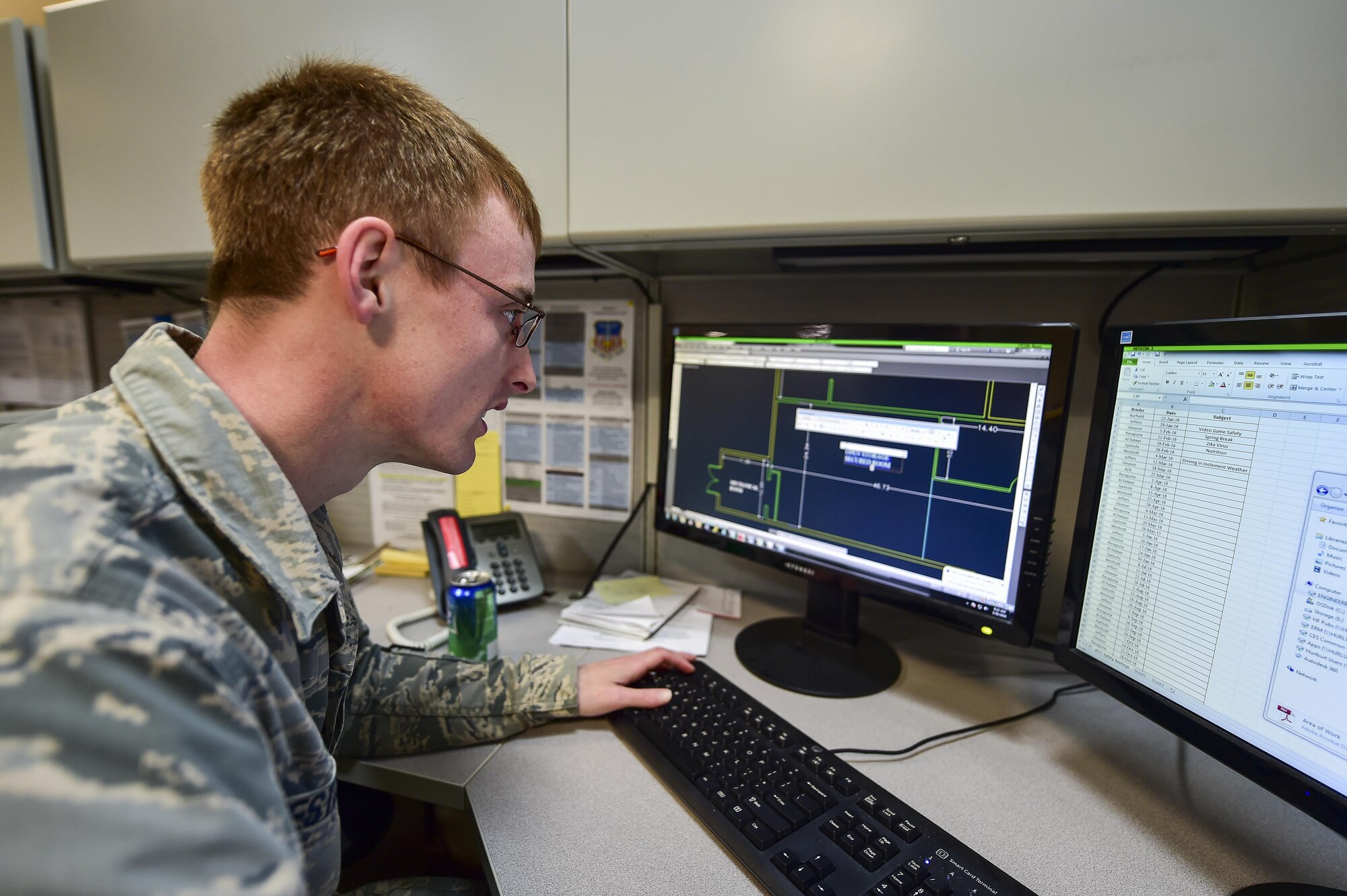 Airman 1st Class Gregory Westcott, an engineering journeyman with the 1st Special Operations Civil Engineer Squadron, updates floor plans using an auto-computer-aided design at Hurlburt Field, Fla., March 30, 2016. The Airmen in engineering support update floorplans and building drawings for 20 percent of the base’s infrastructure, annually. (U.S. Air Force photo by Senior Airman Jeff Parkinson) 