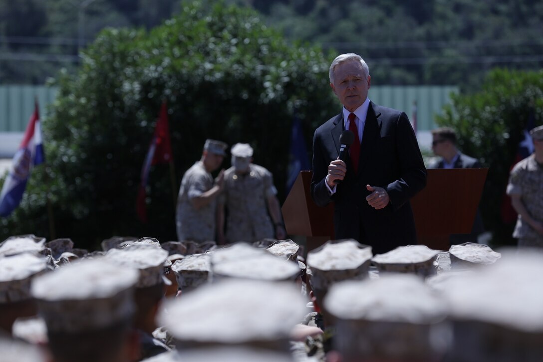 Secretary of the Navy, the Honorable Ray Mabus, speaks with a mix of entry-level Marine students from the School of Infantry-West and mid-career enlisted leaders studying at the Staff Noncommissioned Officers Academy aboard Marine Corps Base Camp Pendleton, Calif., about opening all occupational specialties to qualified Marines of either gender April 12, 2016.