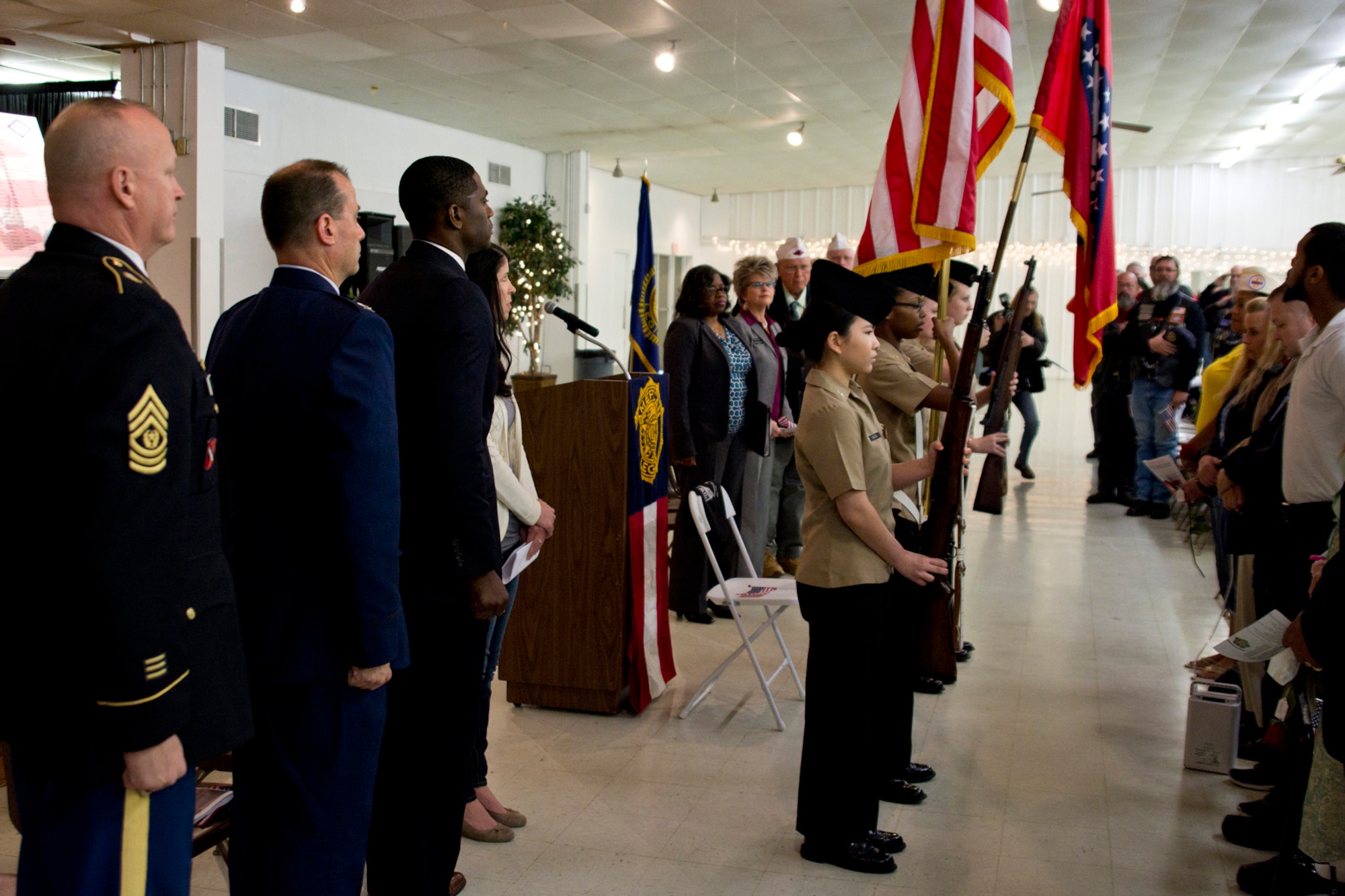 Members of the Parkview High School Navy JROTC post the colors during the 11th Annual Tribute to Fallen Heroes Ceremony in Sherwood, Ark., Apr. 9, 2016.  The annual ceremony, which is sponsored by the Michael Vann Johnson Jr., American Legion Post #74, North Little Rock, Ark., honors the memory of all Arkansans whom have paid the ultimate sacrifice as a result of the war against terrorism. (U.S. Air Force photo by Master Sgt. Jeff Walston/released) 