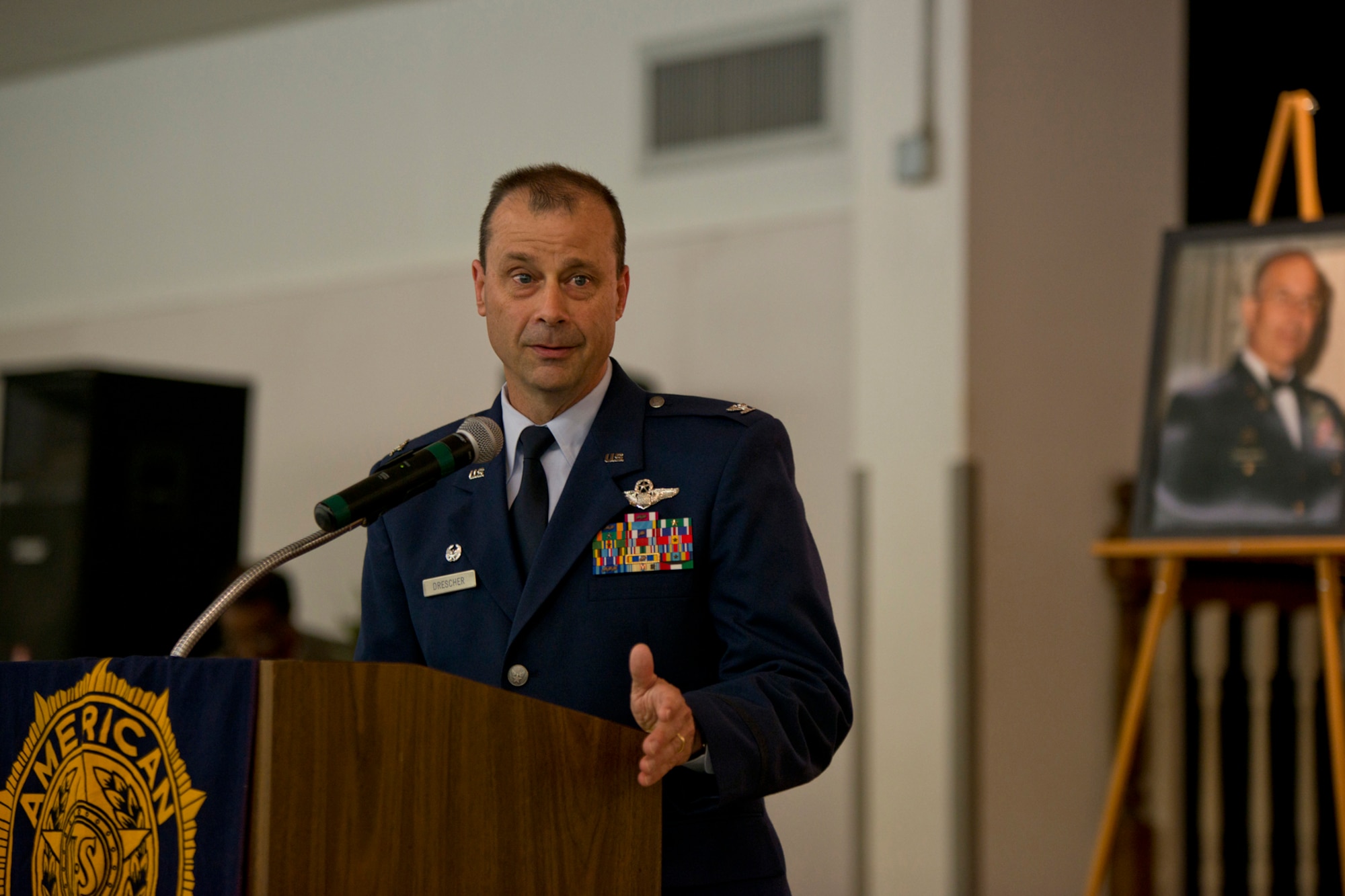 U.S. Air Force Reserve Col. Craig Drescher, commander, 913th Airlift Group, shares a wartime experience with the audience at the 11th Annual Tribute to Fallen Heroes Ceremony in Sherwood, Ark., Apr. 9, 2016. Drescher was a guest speaker at the annual event, which honors the memory of all Arkansans whom made the ultimate sacrifice as a result of the war against terrorism. (U.S. Air Force photo by Master Sgt. Jeff Walston/released) 