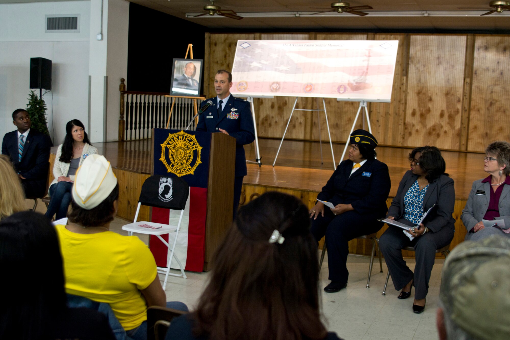 U.S. Air Force Reserve Col. Craig Drescher, commander, 913th Airlift Group, shares a wartime experience with the audience at the 11th Annual Tribute to Fallen Heroes Ceremony in Sherwood, Ark., Apr. 9, 2016. Drescher was a guest speaker at the annual event, which honors the memory of all Arkansans whom have paid the ultimate sacrifice as a result of the war against terrorism. (U.S. Air Force photo by Master Sgt. Jeff Walston/released) 
