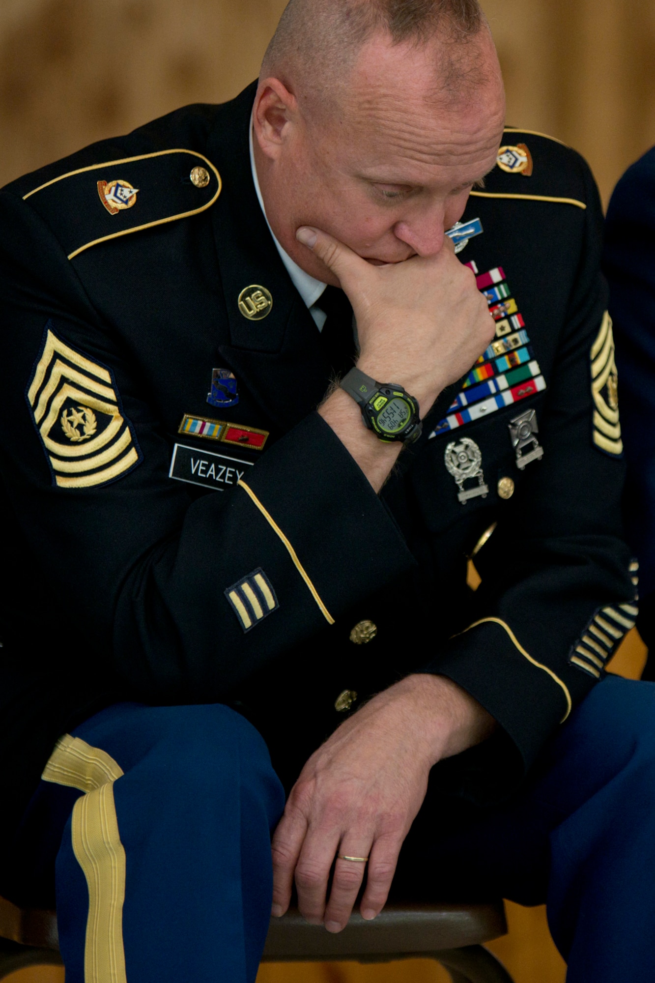 Command Sgt. Maj. Steven C. Veazey, senior enlisted leader, Arkansas Army National Guard, during the 11th Annual Tribute to Fallen Heroes Ceremony in Sherwood, Ark., Apr. 9, 2016. Veazey was a guest speaker at the solemn ceremony honoring all Arkansans who have paid the ultimate sacrifice as a result of the war against terrorism. (U.S. Air Force photo by Master Sgt. Jeff Walston/released) 