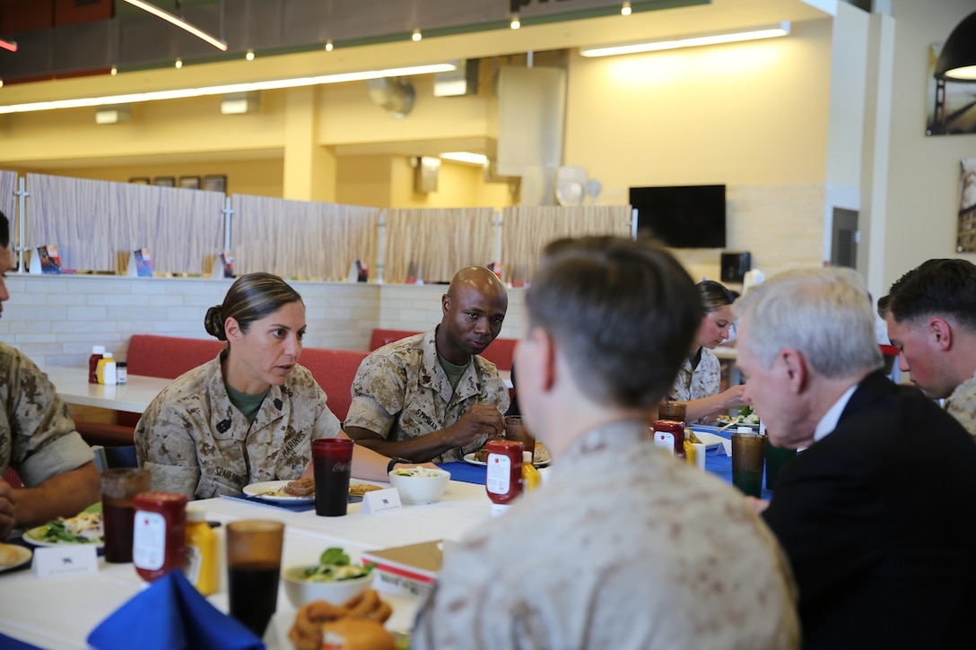MARINE CORPS BASE CAMP PENDLETON, Calif. – 1st Sgt. Matina Spaulding, company first sergeant with 2nd Battalion, 11th Marine Regiment, speaks to Secretary of the Navy, the Honorable Mr. Ray Mabus, during a luncheon at Camp Pendleton April 12, 2016. Mabus visited Marines and sailors to discuss his intent and expectations for gender integration within combat roles across the Navy and Marine Corps. The Marine Corps remains steadfast in its commitment to ensure that the men and women who earn the title will be ready and will provide America with an elite crisis-response force. (U.S. Marine Corps Photo By: Cpl. Garrett White/ Released)