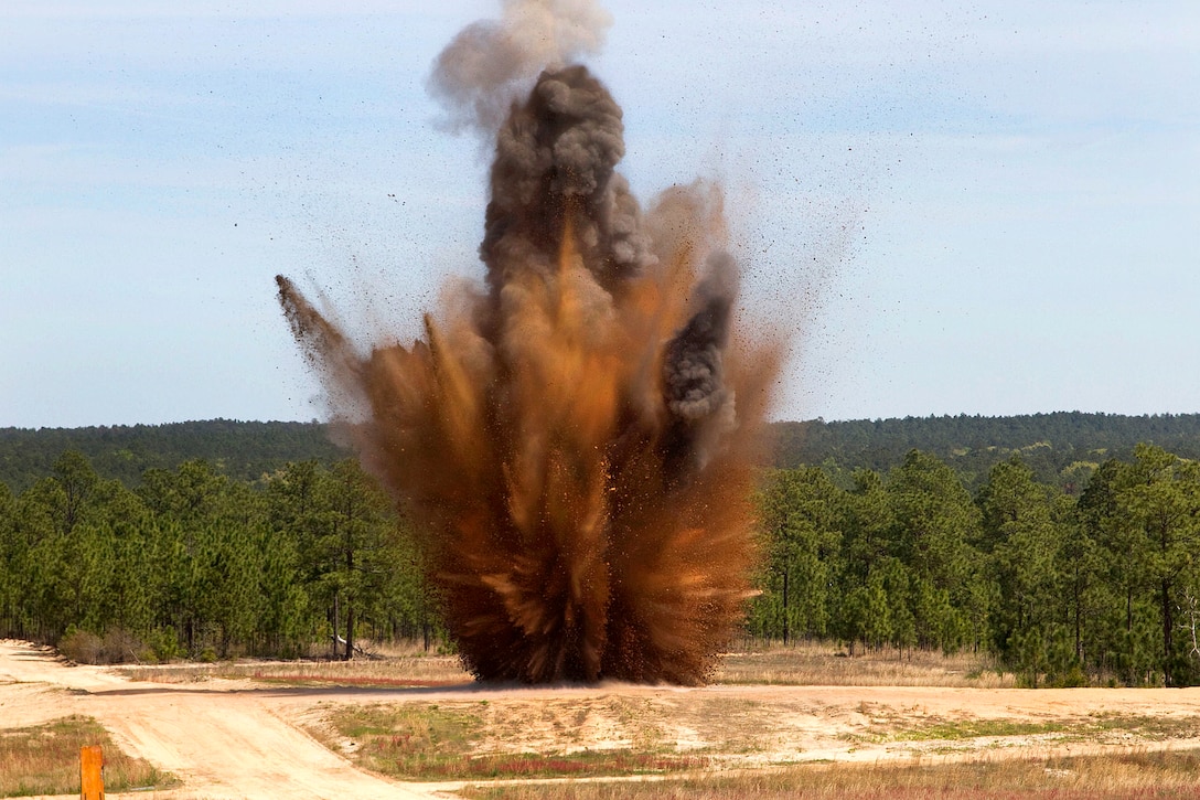 Soldiers set off a 40-pound crater charge to create an obstacle at McCrady Training Center, in Eastover, S.C. April 10, 2016. Air National Guard photo by Sgt. Brad Mincey