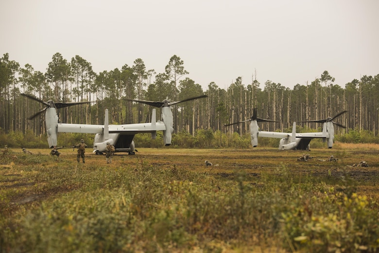 Marines with 2nd Battalion, 8th Marine Regiment form defensive strategies after disembarking from two V-22 Ospreys during a platoon attack training event at Camp Lejeune, N.C., April 12, 2016. The unit conducts this training multiple times a month to maintain tactical maneuverability expertise for upcoming deployments.