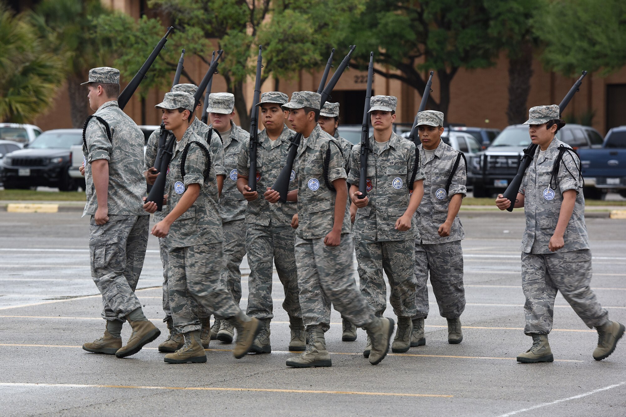 San Angelo Central High School drill team members perform an armed regulation drill during the 2016 Angelo State University ROTC Detachment 847, 18th Annual Drill Competition at ASU in San Angelo, Texas, April 9, 2016. The drill competition was composed of several events to include unarmed and armed competitions, male and female color guard competitions, saber competitions and a warrior challenge. (U.S. Air Force photo by Staff Sgt. Laura R. McFarlane/Released)