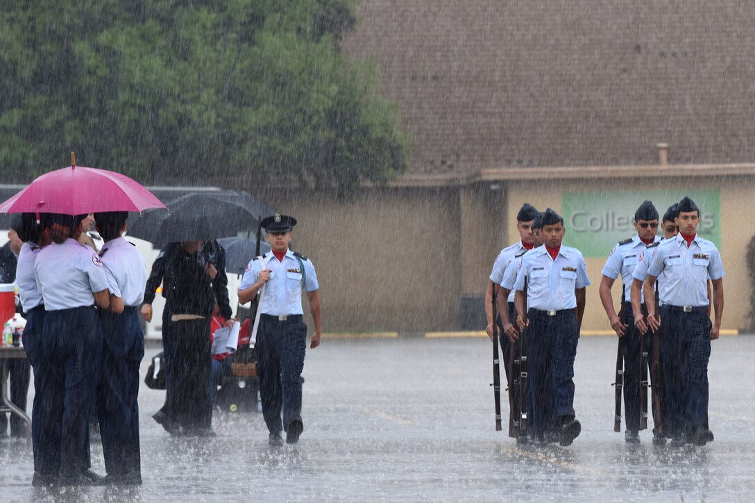 An Air Force Junior ROTC drill team performs an armed regulation drill during the 2016 Angelo State University ROTC Detachment 847, 18th Annual Drill Competition at ASU in San Angelo, Texas, April 9, 2016. Seventeen drill teams from around Texas came out to participate in the competition. (U.S. Air Force photo by Staff Sgt. Laura R. McFarlane/Released)