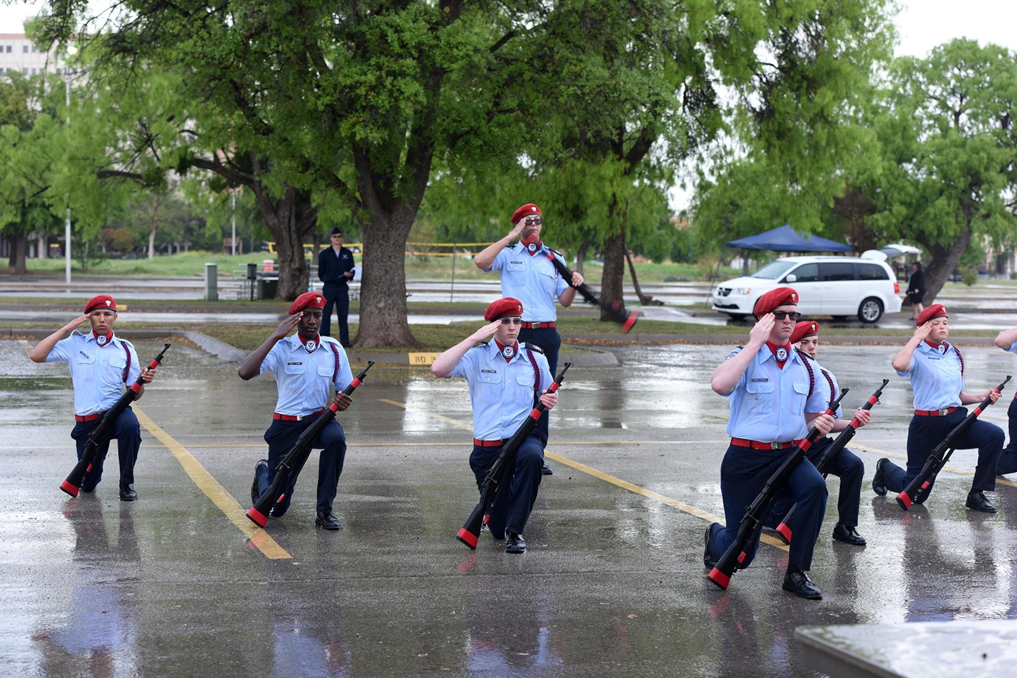 Abilene Cooper High School Junior ROTC drill team members perform an armed exhibition drill during the 2016 Angelo State University ROTC Detachment 847, 18th Annual Drill Competition at ASU in San Angelo, Texas, April 9, 2016. The competition included drill teams from all around Texas. (U.S. Air Force photo by Staff Sgt. Laura R. McFarlane/Released)