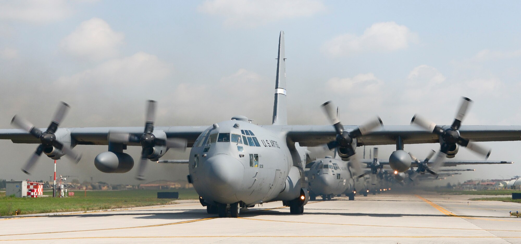 U.S. Army Soldiers and NATO service members participate in a personnel drop during Saber Junction 16, April 12, 2016, at Aviano Air Base, Italy. The exercise involved the 173rd Airborne Brigade and 16 allied and European nations conducting land operations in a joint, combined environment and to promote interoperability with participating nations. (U.S. Air Force photo by Airman 1st Class Cory W. Bush/Released)