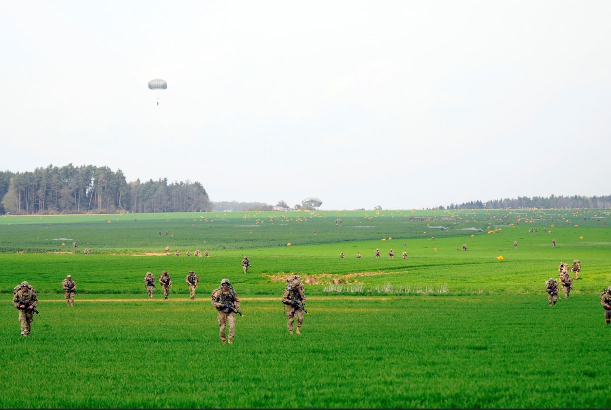 Sky Soldiers conduct large scale airborne operations. Over 1000 paratroopers and multiple Container Delivery Systems (CDS) bundles were deployed to provide initial logistical support for follow on missions. Saber Junction 16 will evaluate and assess the readiness of the U.S. Army's 173rd Airborne Brigade to conduct land operations in a joint, combined environment and to promote interoperability with participating Allied and partner nations. Countries participating in the exercise include Albania, Armenia, Bosnia and Herzegovina, Bulgaria, Hungary, Italy, Latvia, Lithuania, Macedonia, Moldova, Romania, Serbia, Slovenia, Sweden, the United Kingdom and the United States. (U.S. Army National Guard photo by Sgt. Praxedis Pineda)