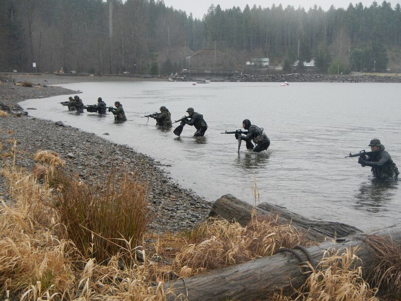 U.S. and Canadian Army divers secure a beach after a waterborne infiltration during a coalition training exercise at Comox Lake, British Columbia, Canada, Feb. 15, 2016. The U.S. Army divers are from Fort Eustis, Virginia’s 569th Engineer Dive Detachment. (Canadian Army courtesy photo)