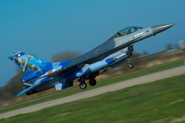 A Belgian Air Force F-16 Fighting Falcon fighter aircraft takes off during Frisian Flag 2016 at Leeuwarden Air Base, Netherlands, April 11, 2016. More than 70 aircraft and personnel from the United States, Netherlands, Belgium, France, Finland, Poland, Norway, United Kingdom, Germany and Australia will participate in Frisian Flag 2016 at Leeuwarden April 11-22, 2016, with as many as 50 executing flight operations each day. (U.S. Air Force photo by Staff Sgt. Joe W. McFadden/Released)