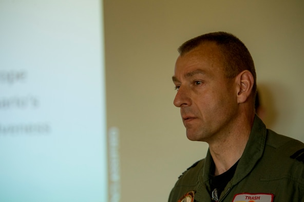 Royal Netherlands Air Force Col. Denny Traas, Leeuwarden Air Base commander, speaks to members of the press during the kickoff of Frisian Flag 2016 at Leeuwarden Air Base, Netherlands, April 12, 2016. More than 70 aircraft and personnel from the United States, Netherlands, Belgium, France, Finland, Poland, Norway, United Kingdom, Germany and Australia will participate in Frisian Flag 2016 at Leeuwarden April 11-22, 2016, with as many as 50 executing flight operations each day. (U.S. Air Force photo by Staff Sgt. Joe W. McFadden/Released)