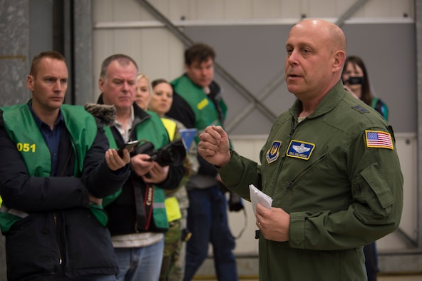 U.S. Air Force Maj. Gen. Eric Vollmecke, Air National Guard mobilization assistant to the U.S. Air Forces in Europe – Air Forces Africa commander, center right, speaks to members of the press during a theater security package deployment at Leeuwarden Air Base, Netherlands, April 12, 2016. The U.S. Air Force and other services have increased their rotational presence in Europe to reassure allies and partner nations about the U.S.’s commitment to European security and stability. (U.S. Air Force photo by Staff Sgt. Joe W. McFadden/Released)