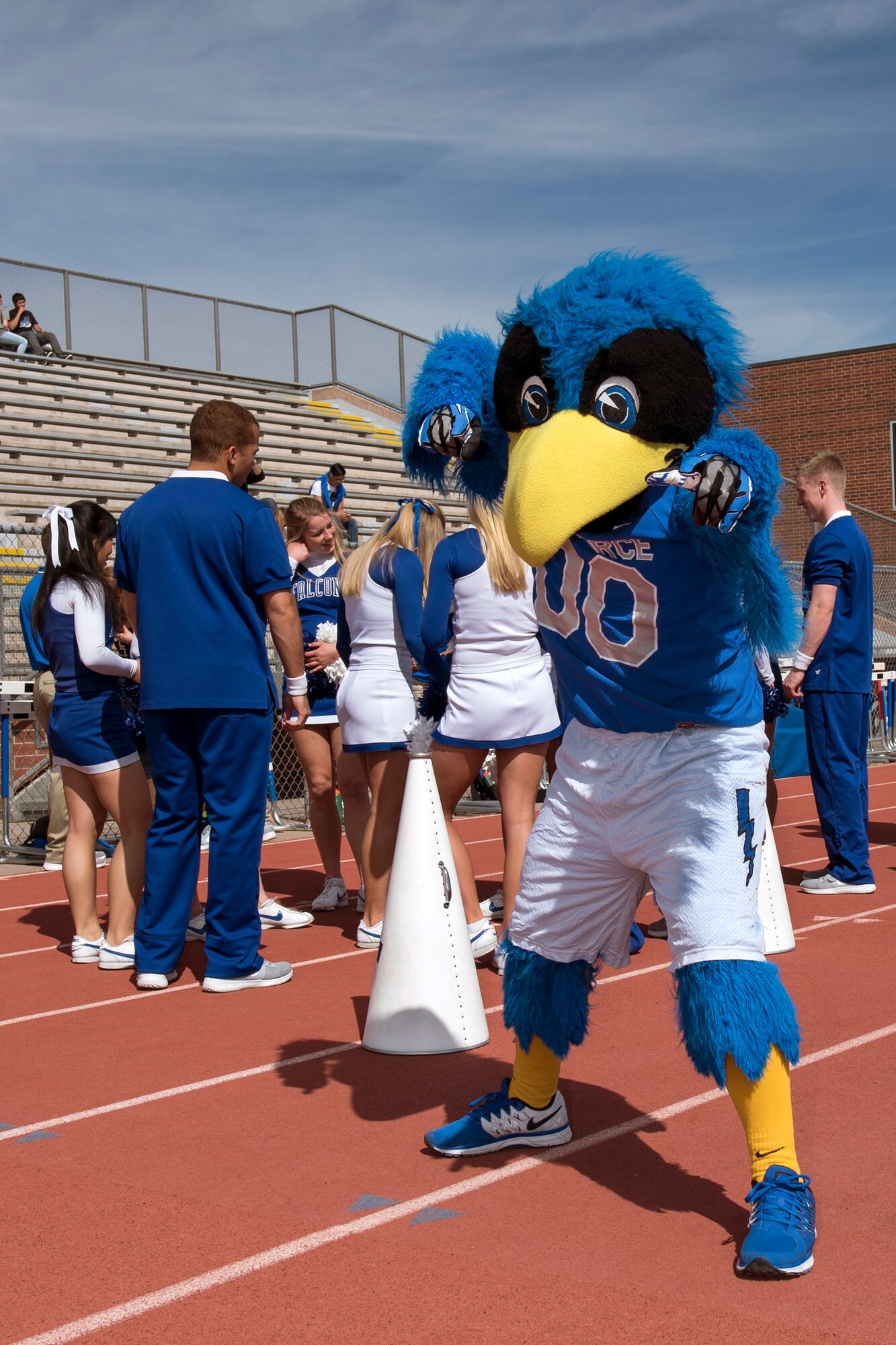 COLORADO SPRINGS, Colo.  – The United States Air Force Academy Falcons Football Team Mascot “The Bird” arrives at Falcon-Fort Carson high school April 9, 2016 for a spring game inter-squad practice scrimmage. The game was attended by many local military leaders and USAFA Athletics advertised the game on TV, radio and in print.
(U.S. Air Force Photo by Craig Denton)
