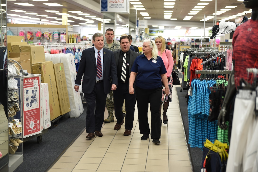 Tom Shull, Army and Air Force Exchange Services director/CEO, Chief Master Sgt. Sean Applegate, Exchange senior enlisted advisor, and their team are given a tour of the Joint Base Andrews Exchange during its renovations and expansions from Exchange management at JBA, Md., April 13, 2016. Team Andrews is improving its Exchange facilities to provide a one-stop shop for Andrews Airmen and their families. (U.S. Air Force photo by Senior Airman Joshua R. M. Dewberry/RELEASED)