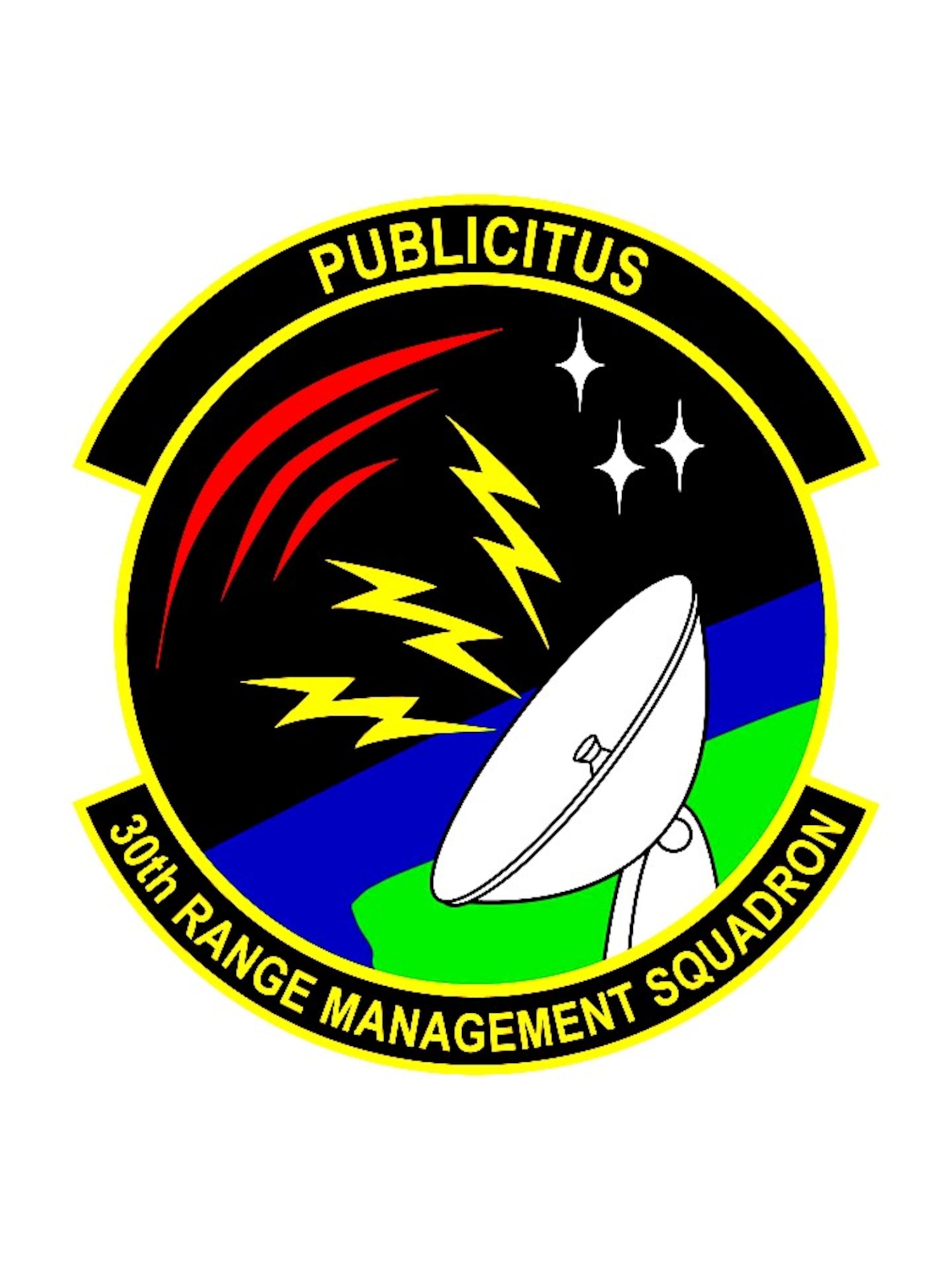 The meaning of the 30th Range Management Squadron Emblem

The motto “Publicitus” is Latin, meaning “In the public service,” or civil service.

Three elements make up the 30th Range Management Squadron (30 RMS) emblem.
They are:

1.	The Range.  The Western Range is represented by an instrumentation dish with associated electromagnetic energy and waves.  The Air Force yellow represents “the sun” and the excellence required of Air Force personnel.
2.	Sphere of Range Operations.  The WR sphere of operation is represented by three bands of color, the green representing land, ultramarine/reflex blue representing both ocean and sky, with the sky being the primary theater of Air Force operations, and black representing space.
3.	Guiding Principles.  The guiding principles for the 30th RMS are communicated by three stars, representing Integrity, Service before self, and Excellence in all we do.
(Courtesy graphic)
