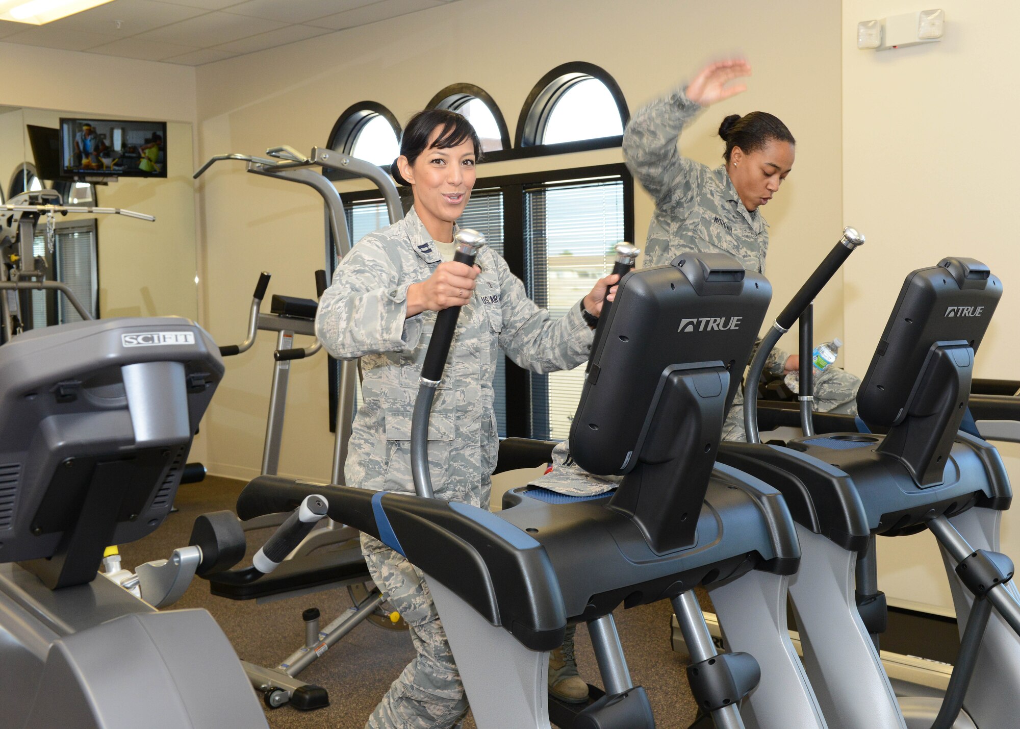 Among the indoor amenities at the new Mojave Sky Community Center is a workout area with machines and a children's area. (U.S. Air Force photo by Kenji Thuloweit)