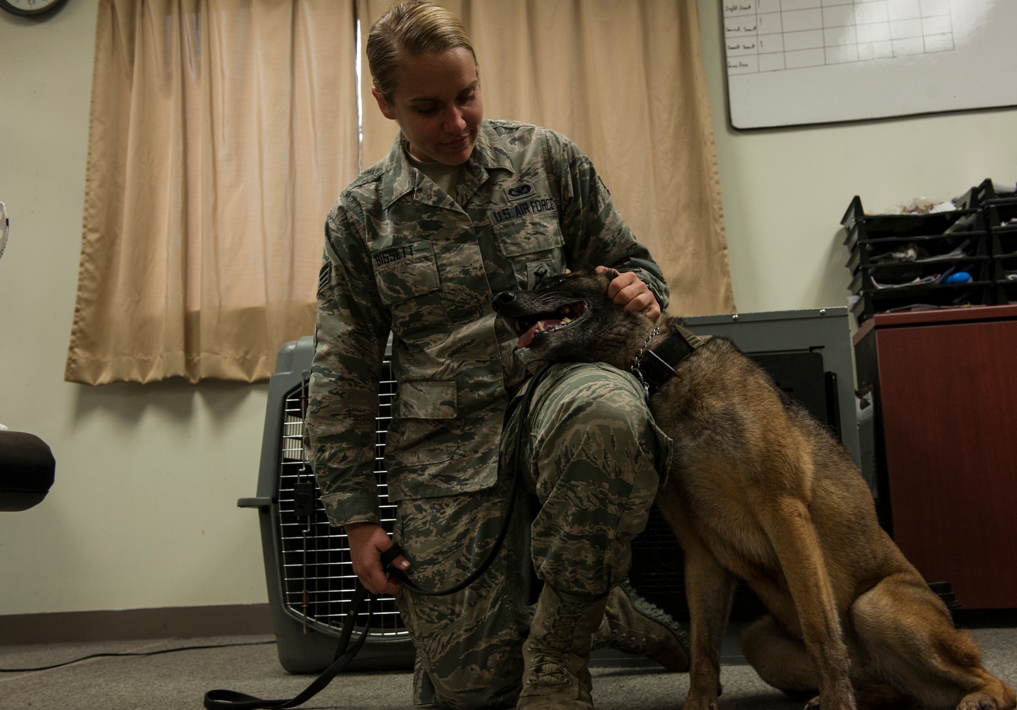 U.S. Air Force Senior Airman Rena Bissett, 18th Security Forces Squadron Military Working Dog handler, pets her MWD, Judi, April 13, 2016, at Kadena Air Base, Japan. Bissett and Judi have been working together for almost one year, and have already formed a deep bond. (U.S. Air Force photo by Airman 1st Class Lynette M. Rolen)