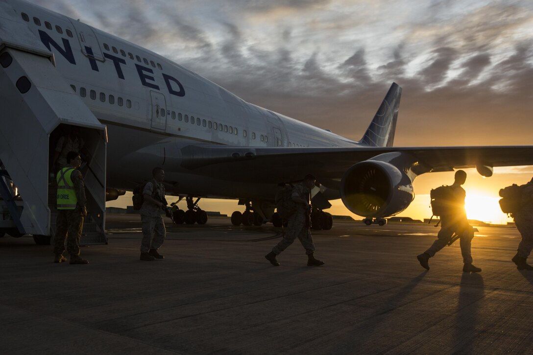 U.S. Marines with the 1st Battalion, 1st Marine Regiment, arrive in Darwin, Australia to begin preparation for exercise Marine Rotational Force-Darwin (MRF-D) on April 13, 2016. MRF-D was a six-month deployment of Marines into Darwin, Australia, where they conducted exercises and trained with the Australian Defence Forces, strengthening the U.S.-Australia alliance. (U. S. Marine Corps Photo by Lance Cpl. Osvaldo L. Ortega III)