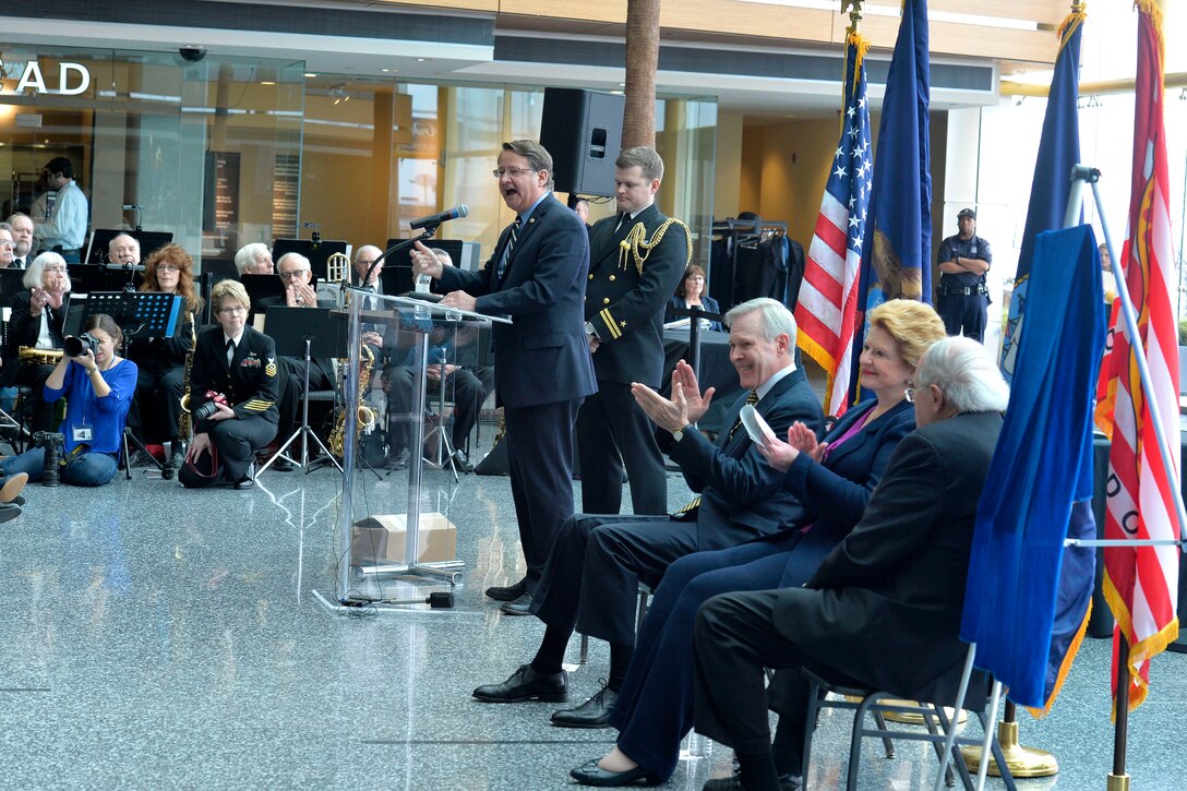 U.S. Sen. Gary Peters delivers remarks during a ceremony to name the Navy’s newest Arleigh Burke class destroyer in Detroit, April 11, 2016. Navy Secretary Ray Mabus announced the DDG 120 was named for former U.S. Sen. Carl M. Levin, the longest serving senator in Michigan’s history. Navy photo by Lt. Kristine Volk
