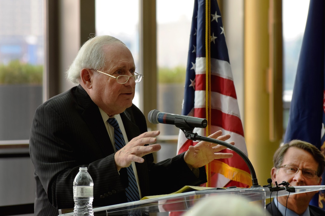 Former U.S. Sen. Carl M. Levin describes the capabilities of Navy destroyers during a ceremony in which the Navy’s newest Arleigh Burke class destroyer, DDG 120, was named in his honor in Detroit, April 11, 2016. Navy photo by Chief Linda J. Andreoli