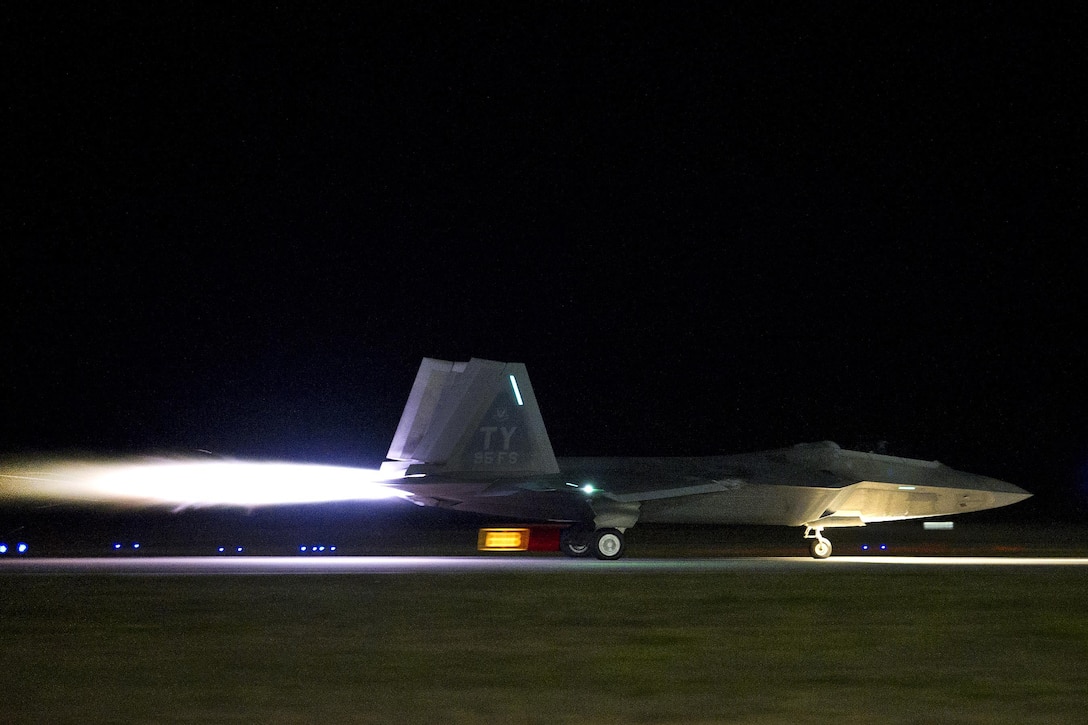 A 95th Fighter Squadron F-22 Raptor aircraft takes off with afterburners at Tyndall Air Force Base April 11, 2016. Air Force photo by Senior Airman Alex Fox Echols III