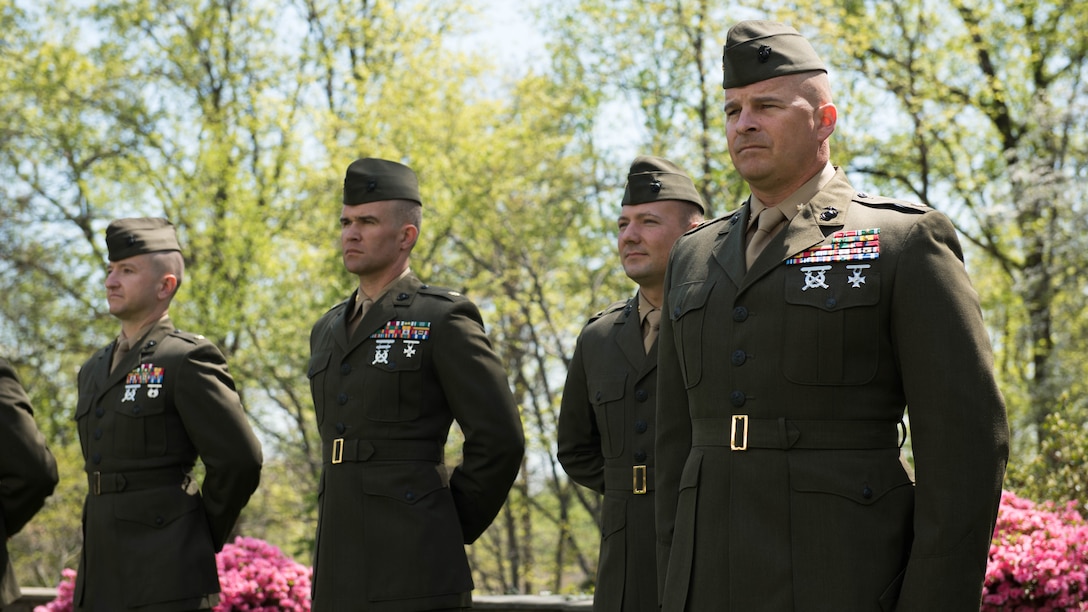 Marine Corps Major Richard R. Schellhaas stands at attention waiting to receive the Medal for Exceptional Meritorious International Service at the Danish embassy in Washington D.C. April 13, 2016. Schellhaas was awarded this medal for actions in Iraq while supporting Denmark’s military. (Marine Corps Photo by Lance Cpl. Timothy R. Smithers/ Released)