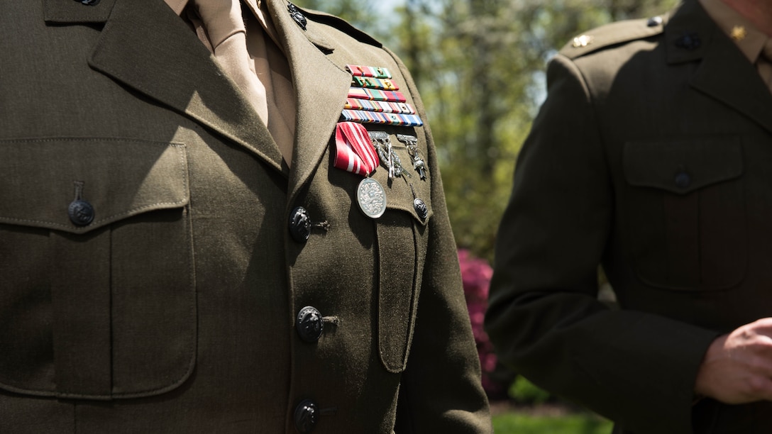 The Medal for Exceptional Meritorious International Service and the Medal for Exceptional Meritorious Service were awarded to the Marines for exceptionally meritorious service. Five Marines were awarded this medal, at the Danish embassy in Washington D.C. April 13, 2016, for actions in Iraq while supporting the Danish military. (Marine Corps Photo by Lance Cpl. Timothy R. Smithers/ Released)