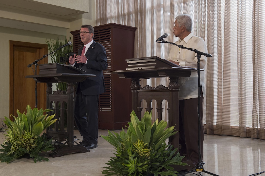 Defense Secretary Ash Carter delivers remarks during a joint press conference with Philippine Defense Secretary Voltaire Gazmin in Manila, Philippines, April 14, 2016. Carter is visiting the Philippines to solidify the U.S. rebalance to the Asia-Pacific region. Photo by Senior Master Sgt. Adrian Cadiz