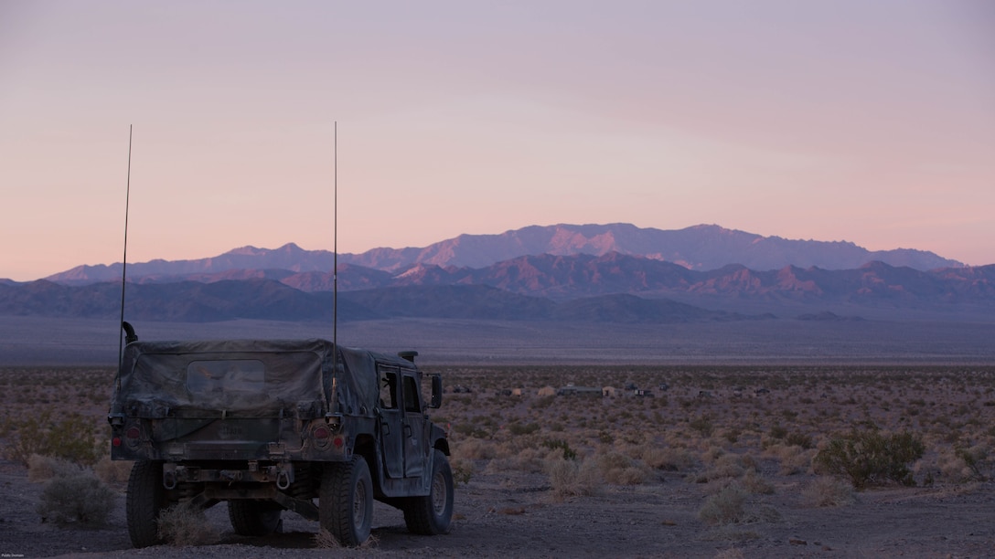 A High Mobility Multipurpose Wheeled Vehicle with 7th Marine Regiment stages at the Lead Mountain training area during the Regiment’s Combined Arms Live Fire Exercise at Marine Corps Air Ground Combat Center, April 5, 2016. CALFEX served as the kinetic portion of Desert Scimitar 16, an annual 1st Marine Division training evolution.  