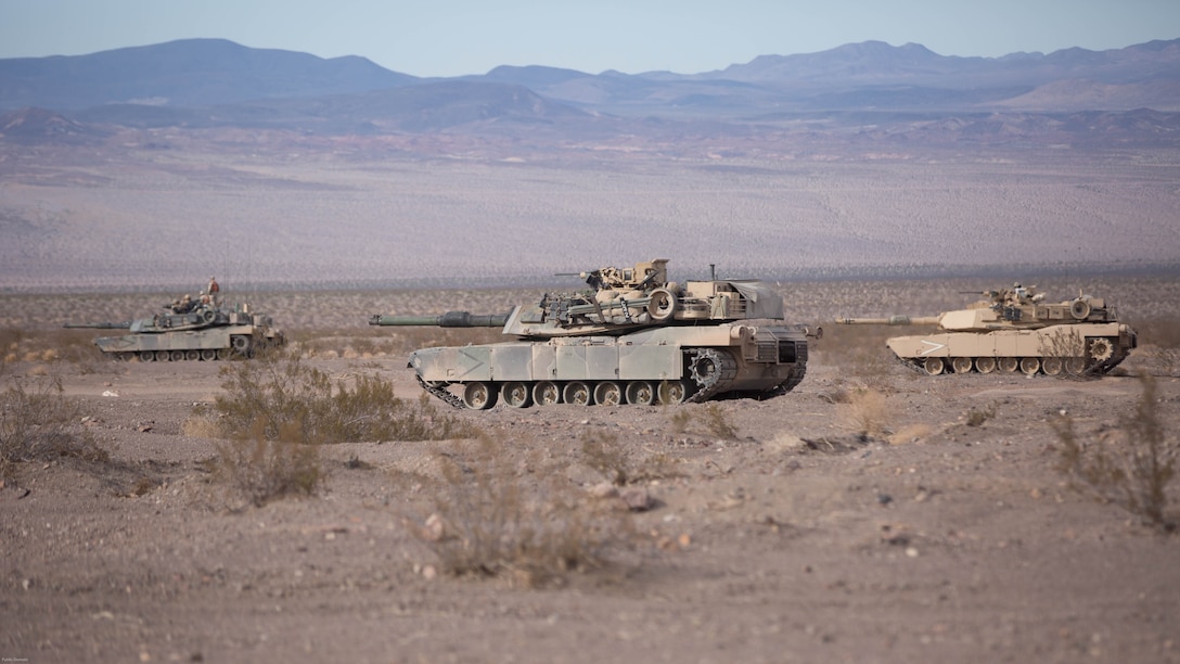 M1A1 Abrams Main Battle Tanks with Company B, 1st Tank Battalion, stage in the Blacktop training area during 7th Marine Regiment’s Combined Arms Live Fire Exercise at Marine Corps Air Ground Combat Center April 6, 2016. CALFEX served as the kinetic portion of Desert Scimitar 16, an annual 1st Marine Division training evolution. 