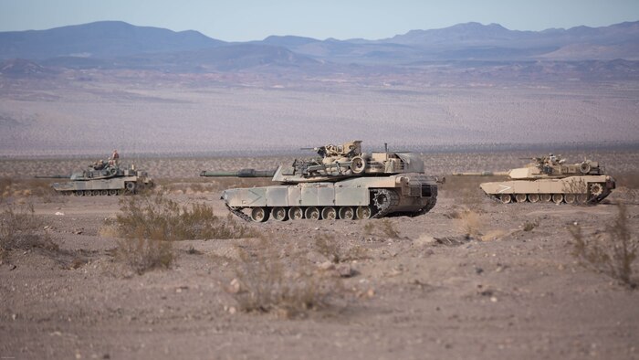 M1A1 Abrams Main Battle Tanks with Company B, 1st Tank Battalion, stage in the Blacktop training area during 7th Marine Regiment’s Combined Arms Live Fire Exercise at Marine Corps Air Ground Combat Center April 6, 2016. CALFEX served as the kinetic portion of Desert Scimitar 16, an annual 1st Marine Division training evolution. 
