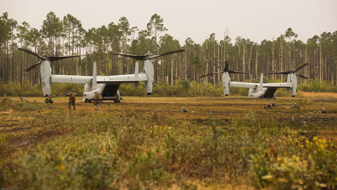 Marines with 2nd Battalion, 8th Marine Regiment form defensive strategies after disembarking from two V-22 Ospreys during a platoon attack training event at Marine Corps Base Camp Lejeune, N.C., April 12, 2016. The unit conducts this training multiple times a month to maintain tactical maneuverability expertise for upcoming deployments. 