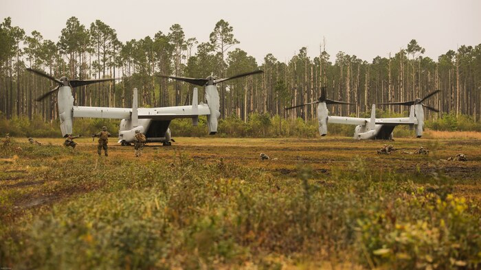 Marines with 2nd Battalion, 8th Marine Regiment form defensive strategies after disembarking from two V-22 Ospreys during a platoon attack training event at Marine Corps Base Camp Lejeune, N.C., April 12, 2016. The unit conducts this training multiple times a month to maintain tactical maneuverability expertise for upcoming deployments. 