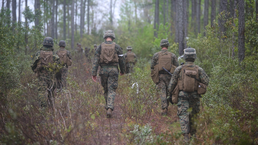 Marines with 2nd Battalion, 8th Marine Regiment patrol through the woods during a platoon attack training event at Marine Corps Base Camp Lejeune, N.C., April 12, 2016. The Marines were tasked to determine the best routes that allowed them to conceal their position and achieve fire superiority. 