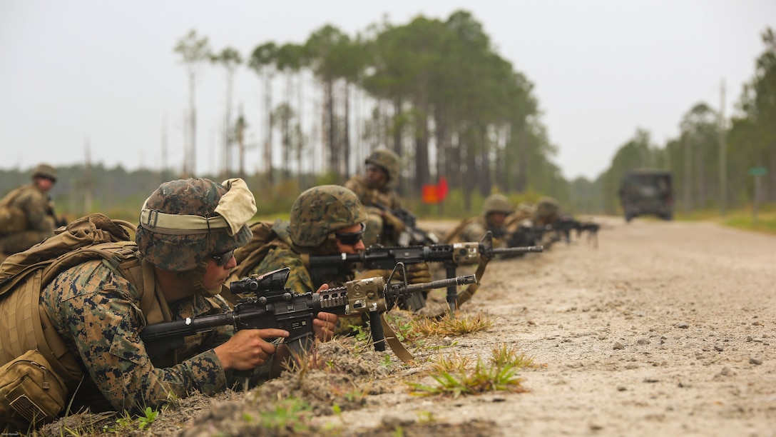 Marines with 2nd Battalion, 8th Marine Regiment provide security before crossing a road during a platoon attack training event at Marine Corps Base Camp Lejeune, N.C., April 12, 2016. The training allowed the unit to make tactical decisions that successfully destroyed notional enemy targets.