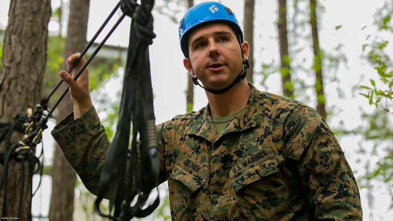 Sgt. Joshua Jelinek, the lead instructor for the Assault Climbers Course, observes the one-rope bridge to ensure it has been properly assembled and is safe for use at Marine Corps Base Camp Lejeune, N.C., April 12, 2016. These bridges allow Marines from the 22nd Marine Expeditionary Unit to conduct cliff assaults, and move supplies and themselves safely across a river or cavern.