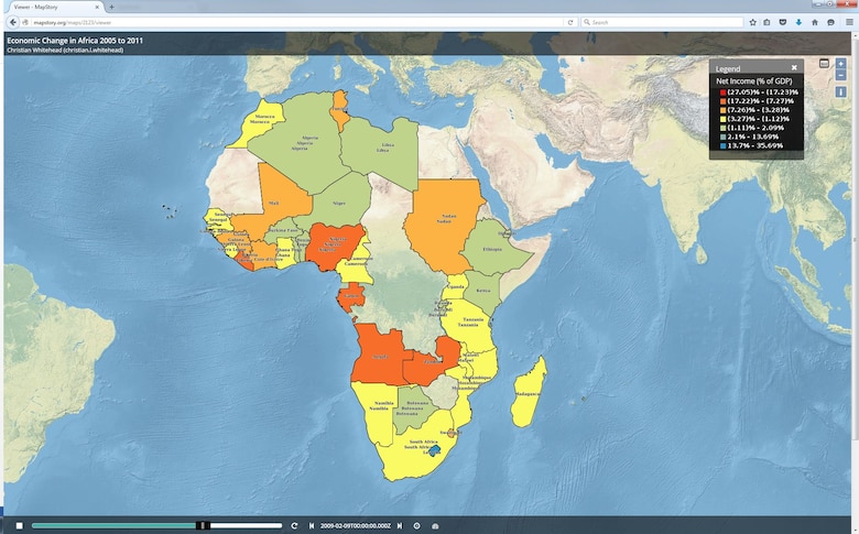 MapStory's networked database and social network capabilities are intended to help reduce information loss during personnel transition and enable the quick, efficient sharing of data between military planners across multiple locations.(Example MapStory: Economic change in Africa, 2005 to 2011.)