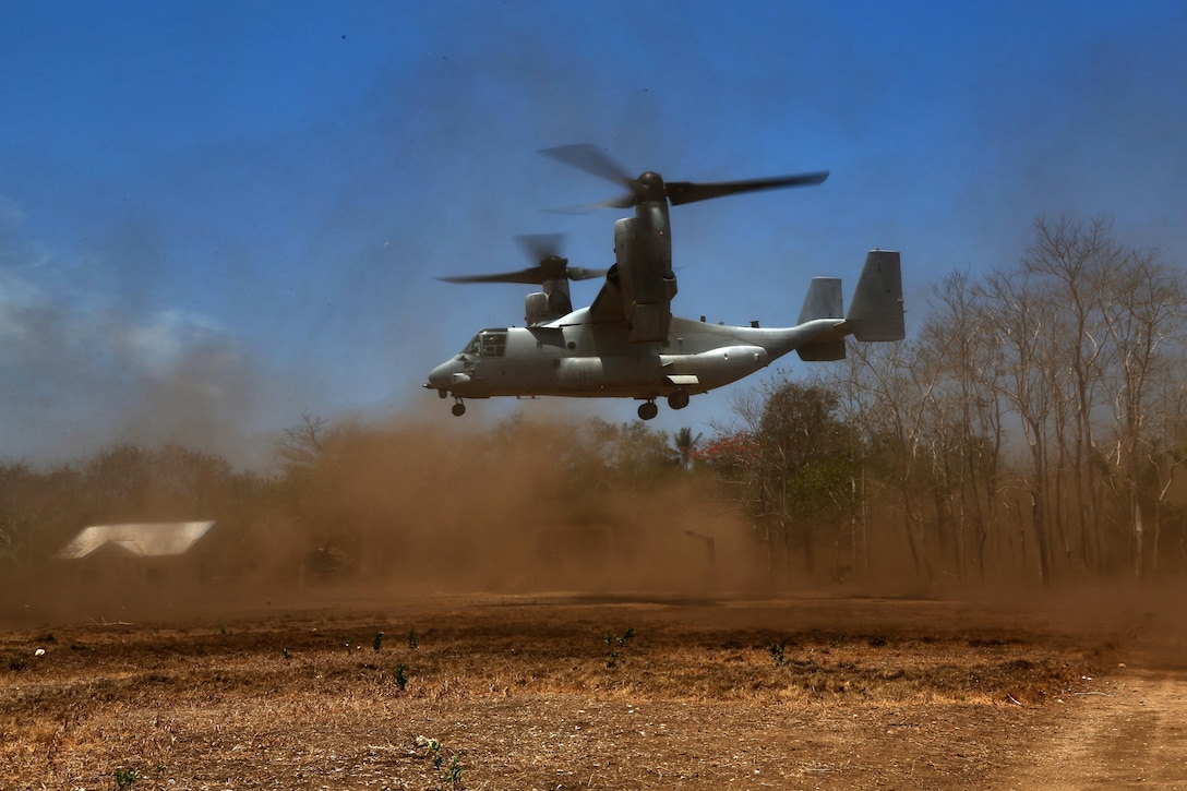 U.S. Marine Corps MV-22 Ospreys with Marine Medium Tilt-rotor squadron 262 transport Philippines, Austrailian and U.S. service members to Cagayancillo to participate in a cooperative health engagement during exercise Balikatan in the Philippines April 10, 2016.  Balikatan, which means "shoulder to shoulder" in Filipino, is an annual bilateral training exercise focused on improving the ability of Philippine and U.S. military forces to work together during planning, contingency and humanitarian assistance and disaster relief operations.