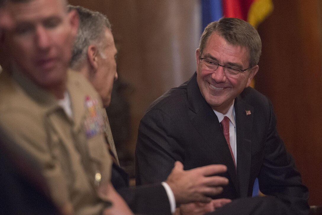 Defense Secretary Ash Carter, right, shares a light moment with U.S. Ambassador to the Philippines Philip S. Goldberg as they prepare to meet with Philippine President Benigno Aquino III at the Malacanang Palace in Manila, Philippines, April 14, 2016. DoD photo by Air Force Senior Master Sgt. Adrian Cadiz