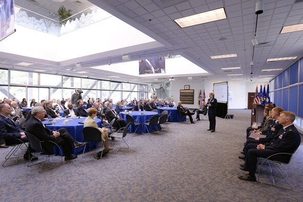 Lt. Gen. Michelle Johnson (center), the superintendent of the U.S. Air Force Academy, speaks to Colorado Springs and El Paso County civic and business leaders, and Academy officials during the State of USAFA forum, April 12, 2016, in Doolittle Hall. The annual forum is designed to update the Academy's civic and industry partners on the school's state of affairs and future plans. (U.S. Air Force photo/Mike Kaplan)