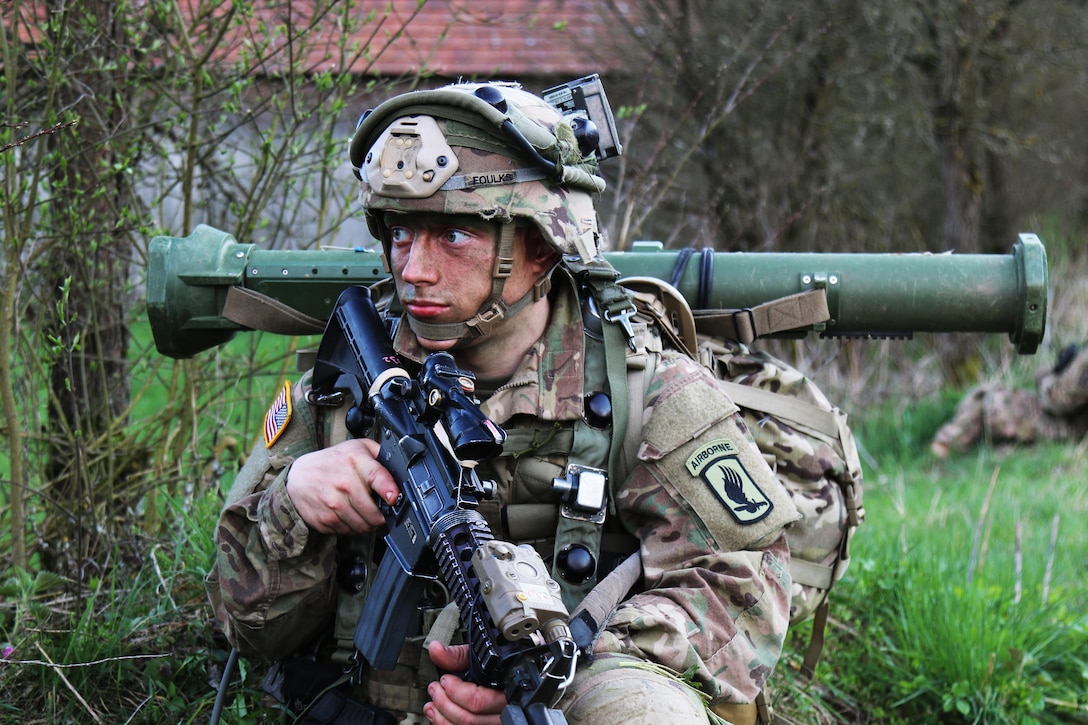 A U.S. Army paratrooper participates in training operations with Italian and British paratroopers during Saber Junction 16 near Hohenfels, Germany, April 12, 2016. Saber Junction 16 assesses the readiness of the U.S. Army's 173rd Airborne Brigade to conduct land operations in a joint, combined environment and to promote interoperability with participating Allied and partner nations. Army photo by Sgt. Kenneth D. Reed