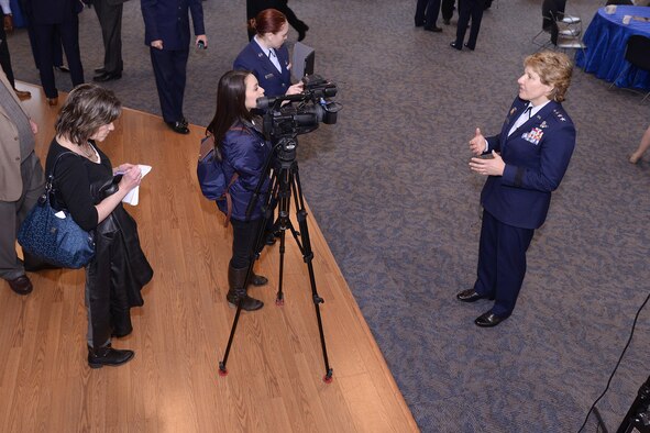 Lt. Gen. Michelle Johnson, the superintendent of the U.S. Air Force Academy, is interviewed by Fox 21 reporter Christina Dawidowicz after the general gave the State of the U.S. Air Force Academy Address, April 12, 2016, in Doolittle Hall. The State of USAFA is an annual forum designed to update the Academy's civic and industry partners on the school's state of affairs and future plans. (U.S. Air Force photo/Mike Kaplan)